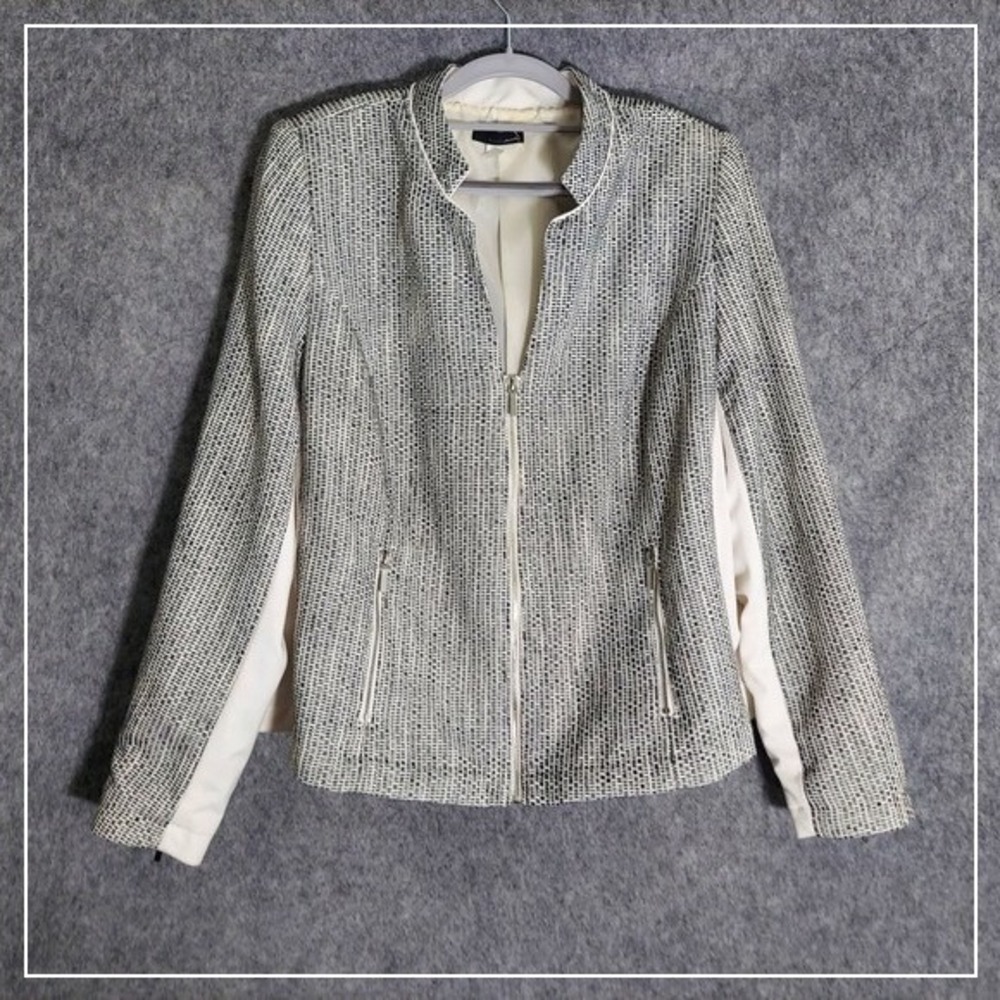 Lane‎ Bryant Jacket Plus 22 Black Notched Weave Tweed Zip Blazer Edgy Career